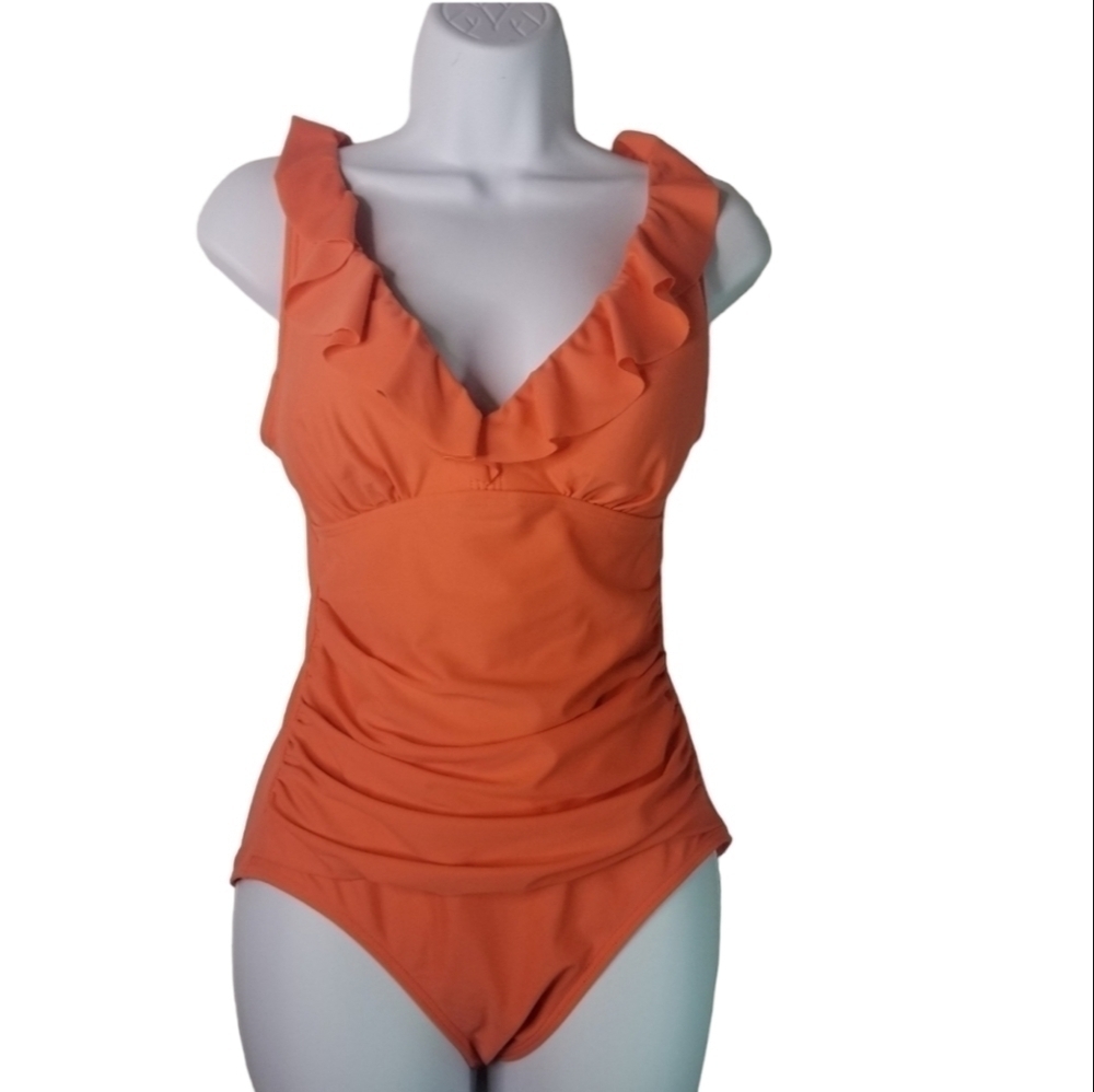 DKNY coral ruffle ruched one piece swimsuit - Picture 2 of 11